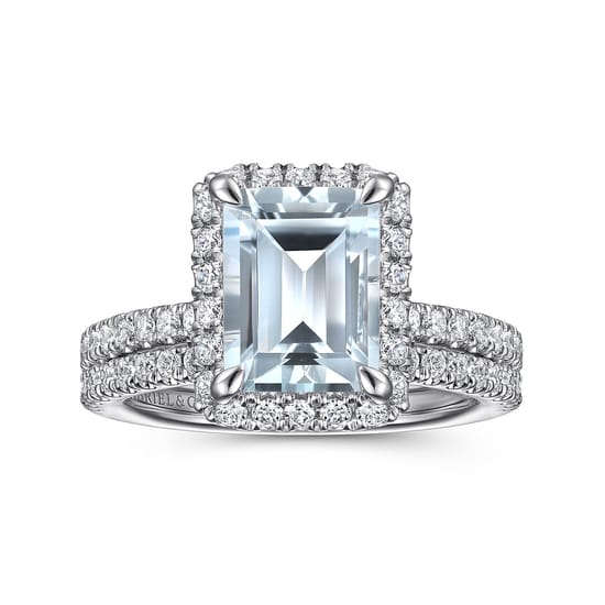 14K White Gold Emerald Halo Aquamarine and Diamond Engagement Ring angle 4