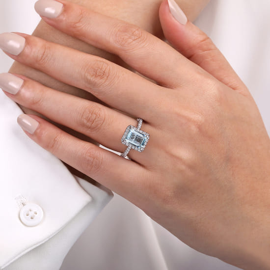14K White Gold Emerald Halo Aquamarine and Diamond Engagement Ring angle 6