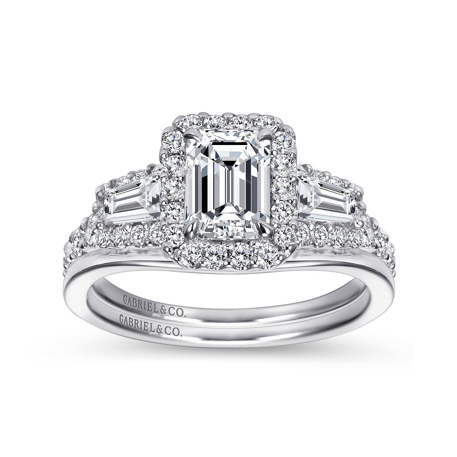 14K White Gold Emerald Halo Diamond Channel Set Engagement Ring