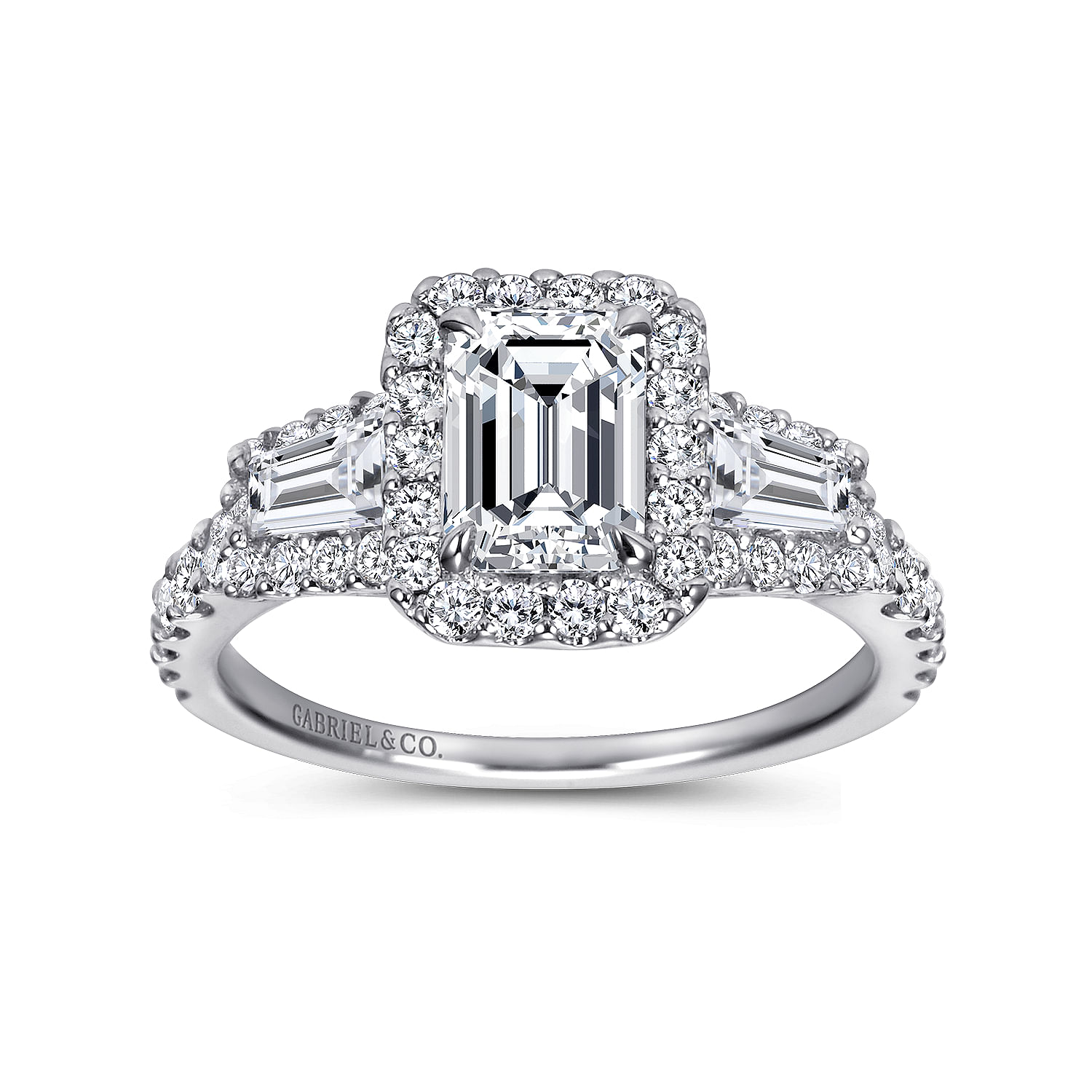 14K White Gold Emerald Halo Diamond Channel Set Engagement Ring