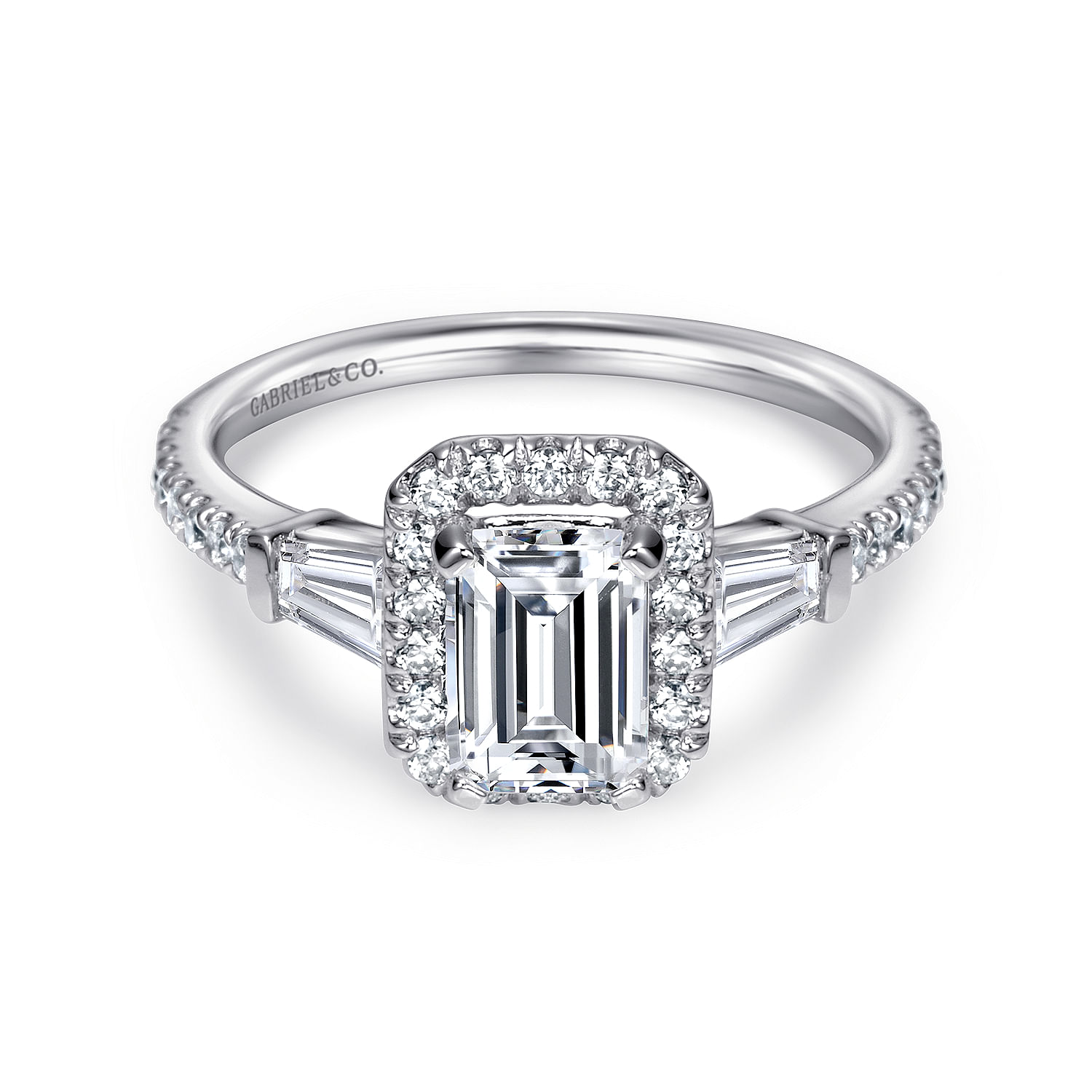 Gabriel - 14K White Gold Emerald Halo Diamond Channel Set Engagement Ring