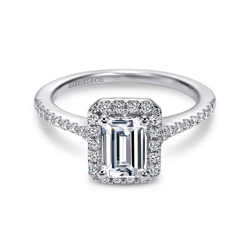 14K White Gold Emerald Halo Diamond Engagement Ring