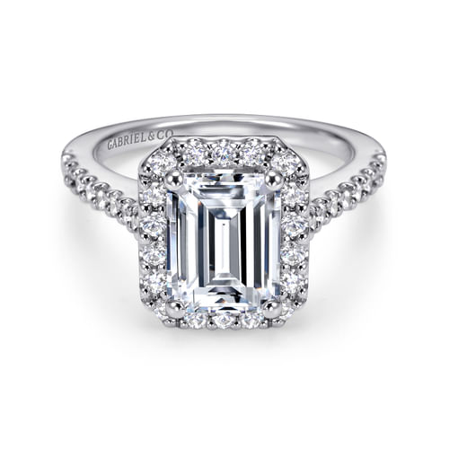 14K White Gold Emerald Halo Diamond Engagement Ring