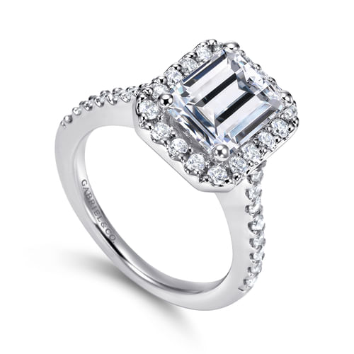 14K White Gold Emerald Halo Diamond Engagement Ring