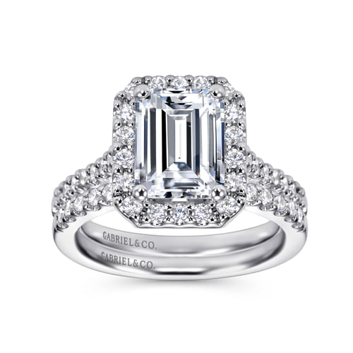 14K White Gold Emerald Halo Diamond Engagement Ring