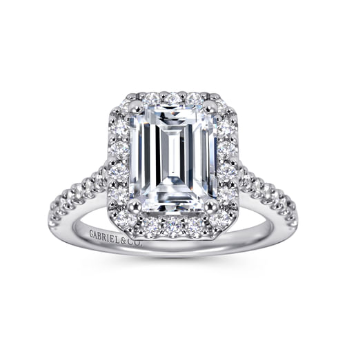 14K White Gold Emerald Halo Diamond Engagement Ring