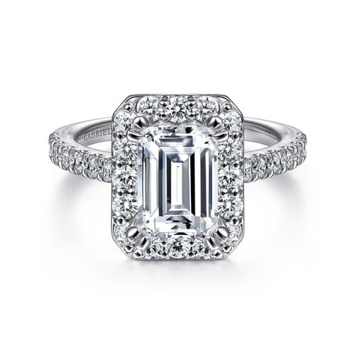 14K White Gold Emerald Halo Diamond Engagement Ring