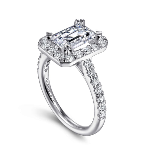14K White Gold Emerald Halo Diamond Engagement Ring