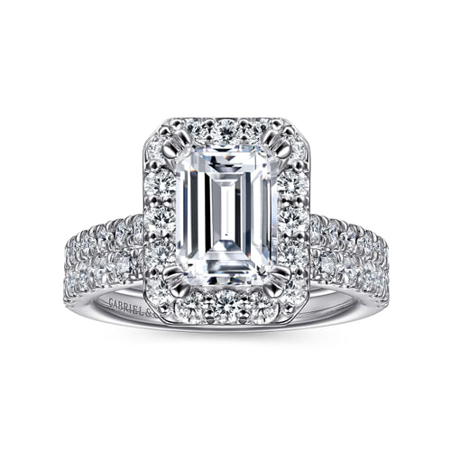 14K White Gold Emerald Halo Diamond Engagement Ring