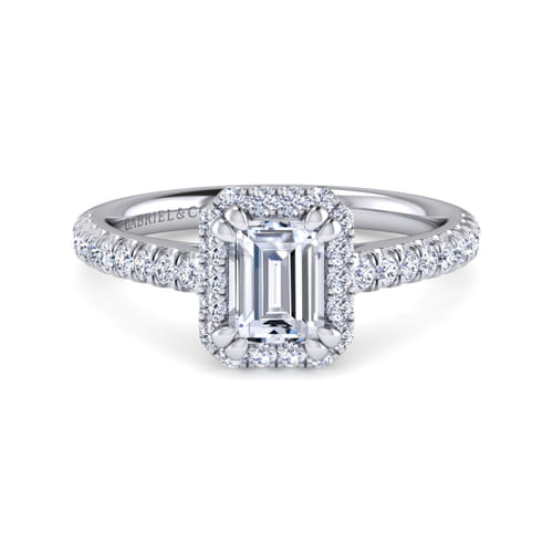 14K White Gold Emerald Halo Diamond Engagement Ring