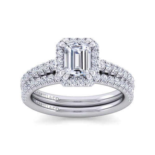 14K White Gold Emerald Halo Diamond Engagement Ring