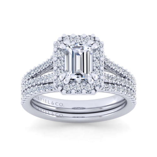 14K White Gold Emerald Halo Diamond Engagement Ring