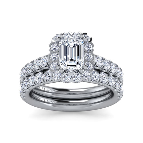 14K White Gold Emerald Halo Diamond Engagement Ring