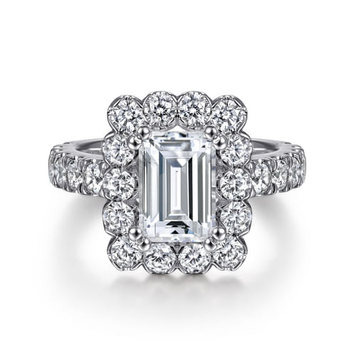 14K White Gold Emerald Halo Diamond Engagement Ring