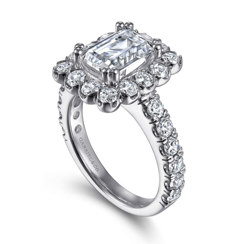 14K White Gold Emerald Halo Diamond Engagement Ring