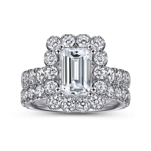 14K White Gold Emerald Halo Diamond Engagement Ring