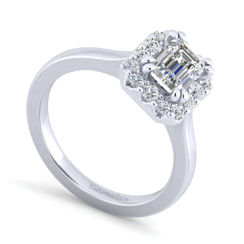 14K White Gold Emerald Halo Diamond Engagement Ring