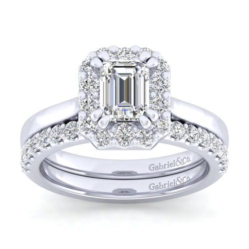 14K White Gold Emerald Halo Diamond Engagement Ring