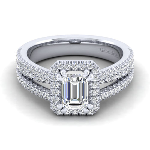14K White Gold Emerald Halo Diamond Engagement Ring