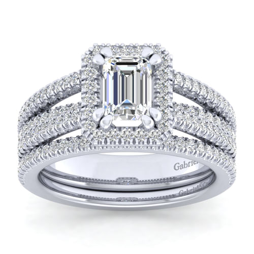 14K White Gold Emerald Halo Diamond Engagement Ring