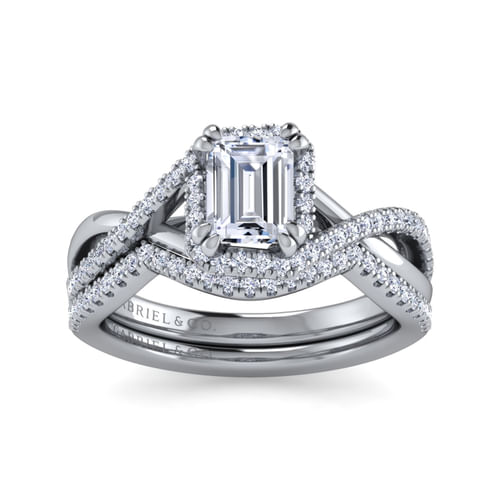 14K White Gold Emerald Halo Diamond Engagement Ring