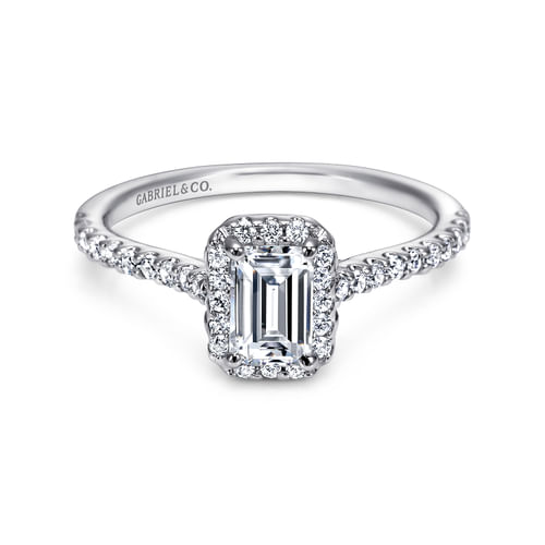 14K White Gold Emerald Halo Diamond Engagement Ring