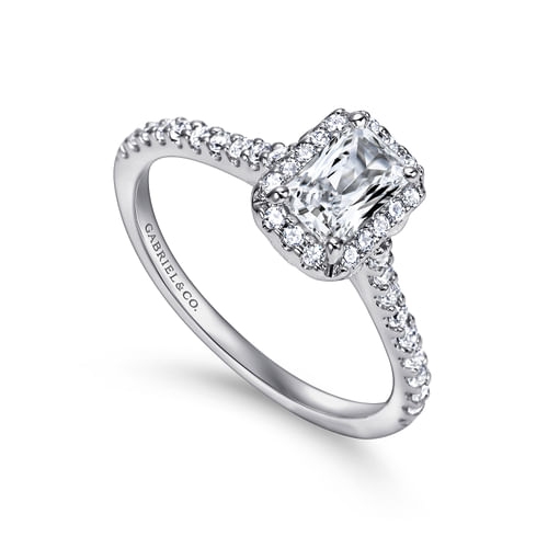 14K White Gold Emerald Halo Diamond Engagement Ring