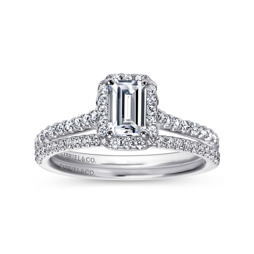 14K White Gold Emerald Halo Diamond Engagement Ring