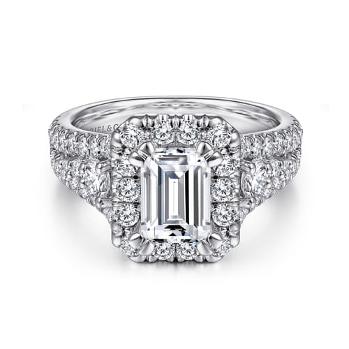 14K White Gold Emerald Halo Diamond Engagement Ring