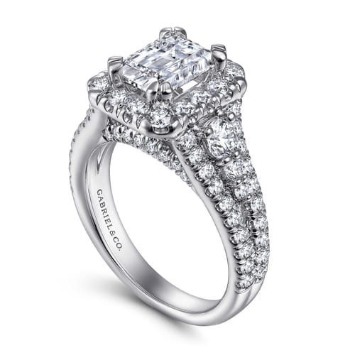 14K White Gold Emerald Halo Diamond Engagement Ring