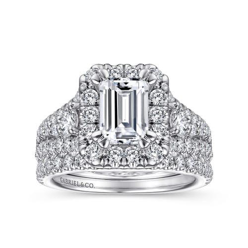 14K White Gold Emerald Halo Diamond Engagement Ring