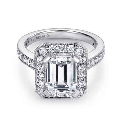 14K White Gold Emerald Halo Diamond Engagement Ring