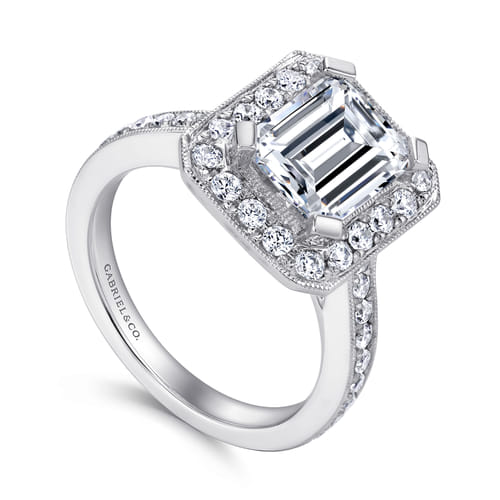 14K White Gold Emerald Halo Diamond Engagement Ring