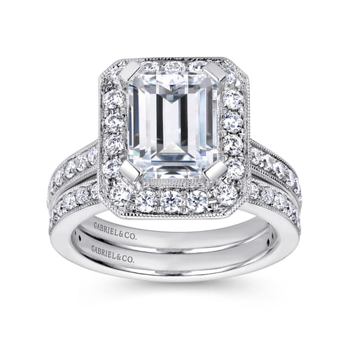 14K White Gold Emerald Halo Diamond Engagement Ring