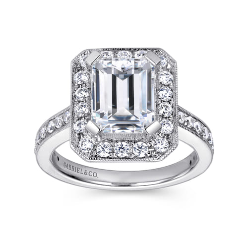 14K White Gold Emerald Halo Diamond Engagement Ring