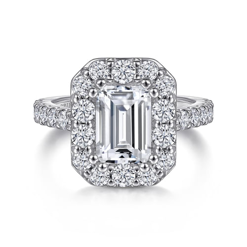 14K White Gold Emerald Halo Diamond Engagement Ring