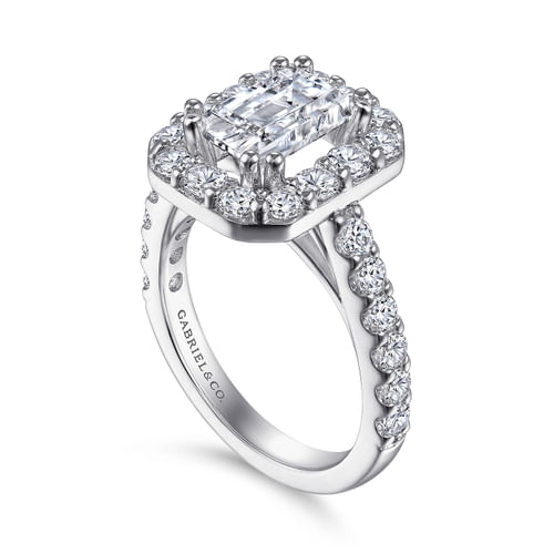 14K White Gold Emerald Halo Diamond Engagement Ring