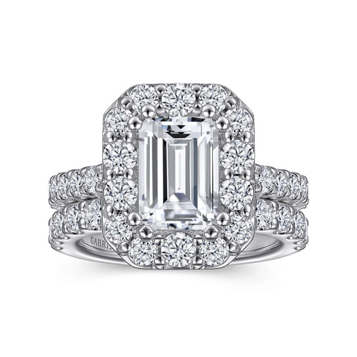 14K White Gold Emerald Halo Diamond Engagement Ring