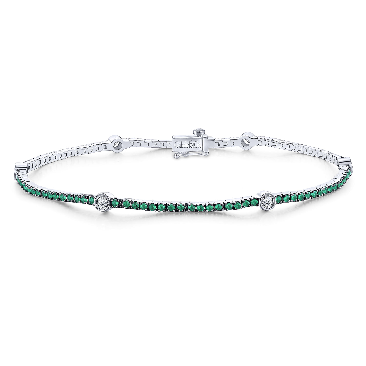 14K White Gold Emerald Tennis Bracelet with Round Diamond Stations