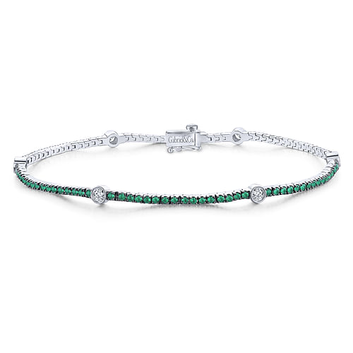 14K White Gold Emerald Tennis Bracelet with Round Diamond Stations