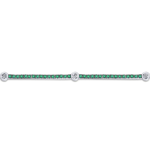 14K White Gold Emerald Tennis Bracelet with Round Diamond Stations