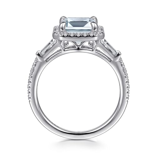 14K White Gold Emerald Three Stone Halo Aquamarine and Diamond Channel Set Engagement Ring