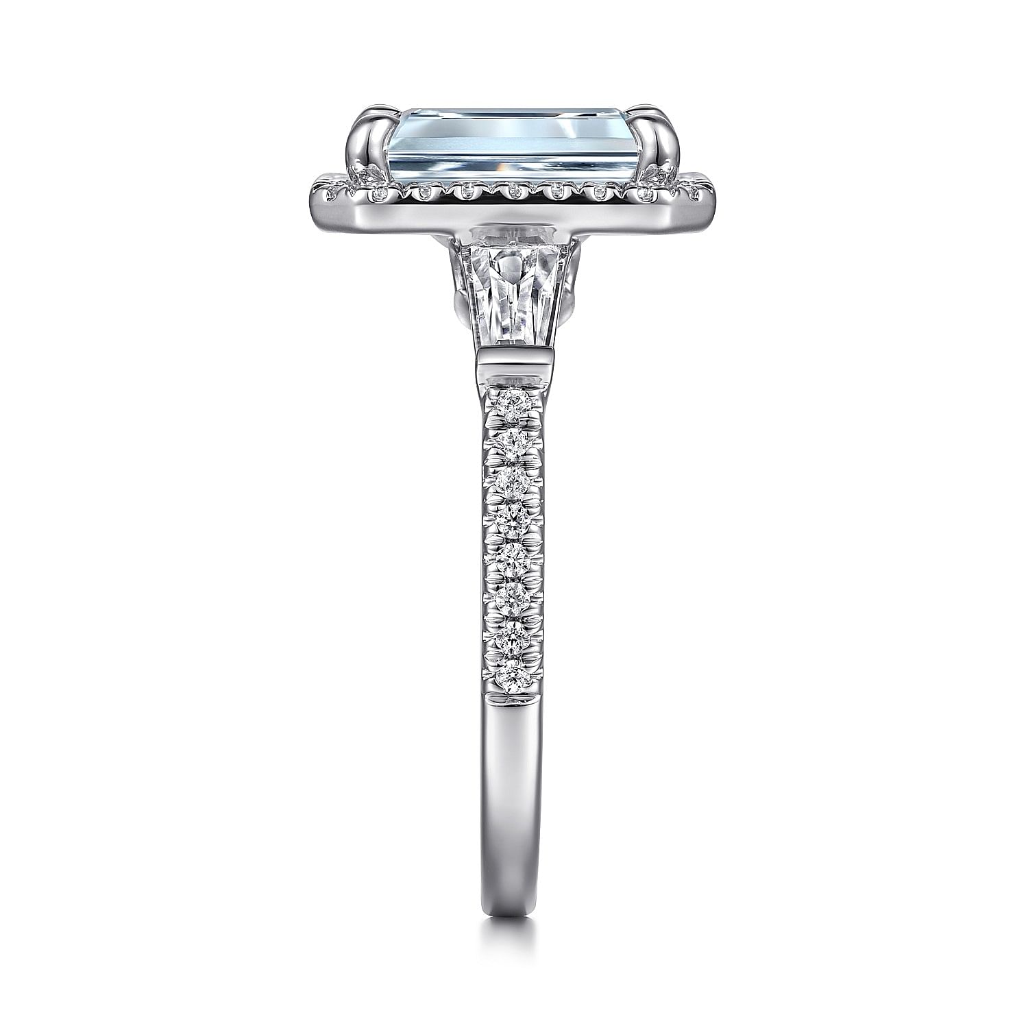 14K White Gold Emerald Three Stone Halo Aquamarine and Diamond Channel Set Engagement Ring