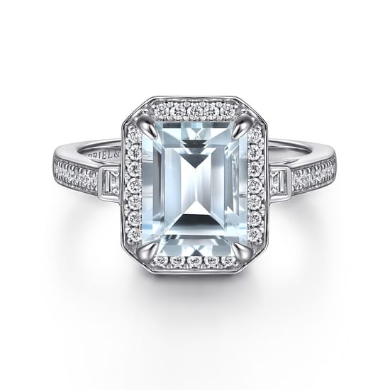14K White Gold Emerald Three Stone Halo Aquamarine and Diamond Engagement Ring