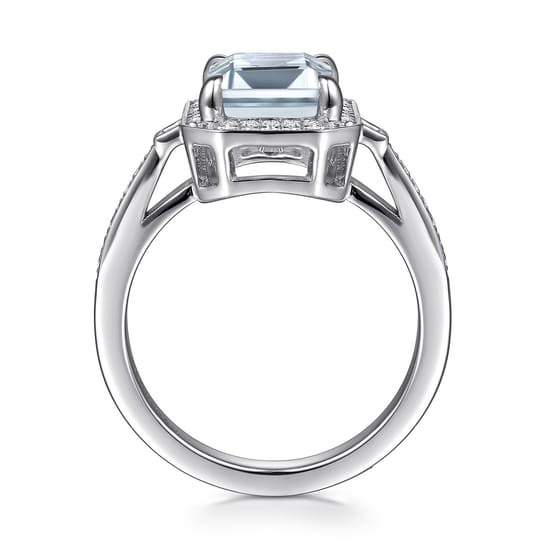 14K White Gold Emerald Three Stone Halo Aquamarine and Diamond Engagement Ring angle 2