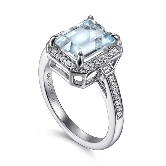 14K White Gold Emerald Three Stone Halo Aquamarine and Diamond Engagement Ring angle 3