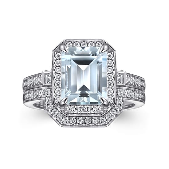 14K White Gold Emerald Three Stone Halo Aquamarine and Diamond Engagement Ring angle 4