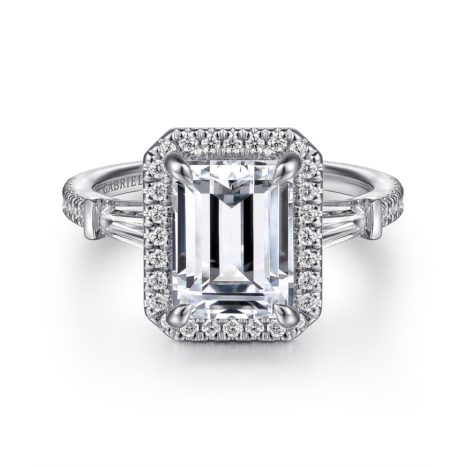Gabriel - 14K White Gold Emerald Three Stone Halo Diamond Engagement Ring