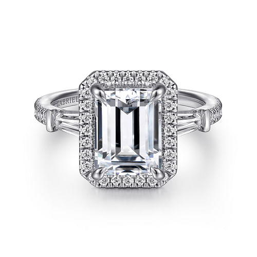 14K White Gold Emerald Three Stone Halo Diamond Engagement Ring