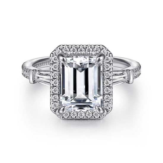 Gabriel - 14K White Gold Emerald Three Stone Halo Diamond Engagement Ring
